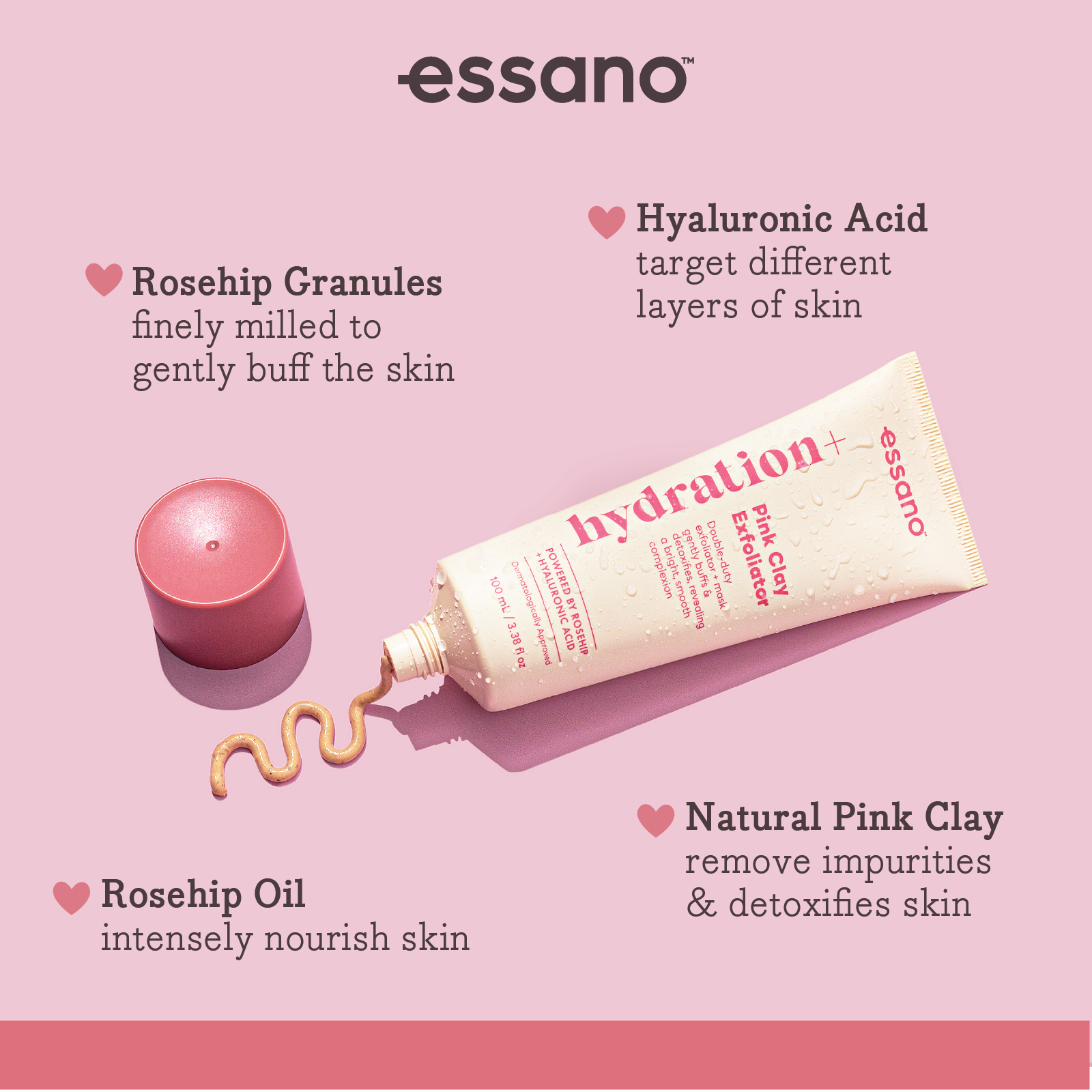 Hydration+ Pink Clay Exfoliator 100ml - Essano Singapore- Benefits-1