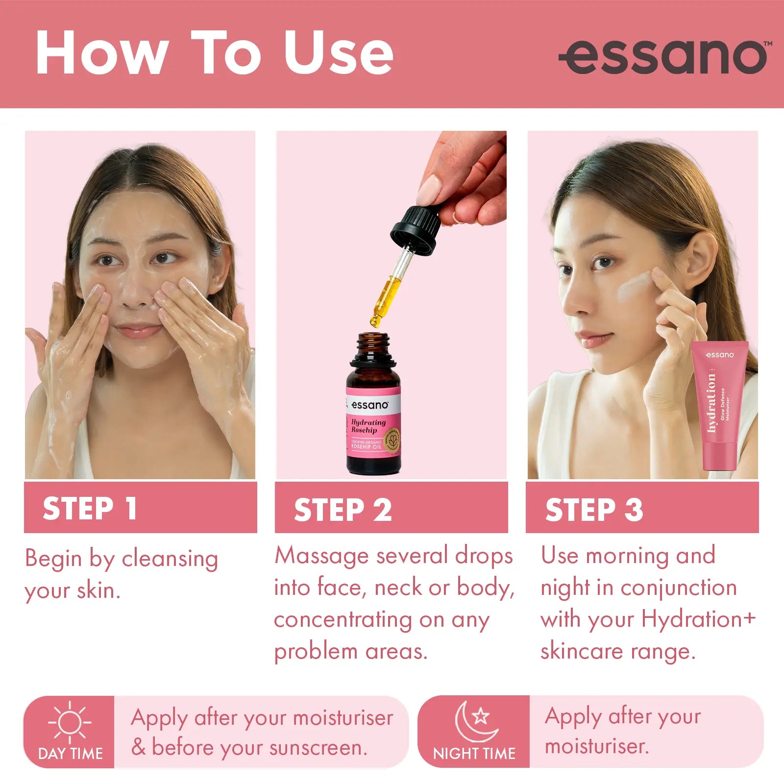 Hydration+ Certified Organic Rosehip Oil 20ml - Essano Singapore-How-To-Use