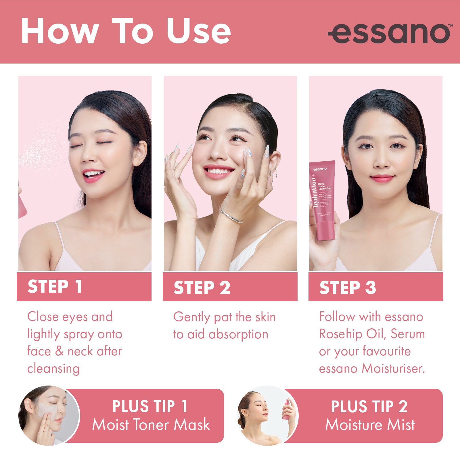Hydration+ Toning Mist 120ml - Essano Singapore- How-To-Use